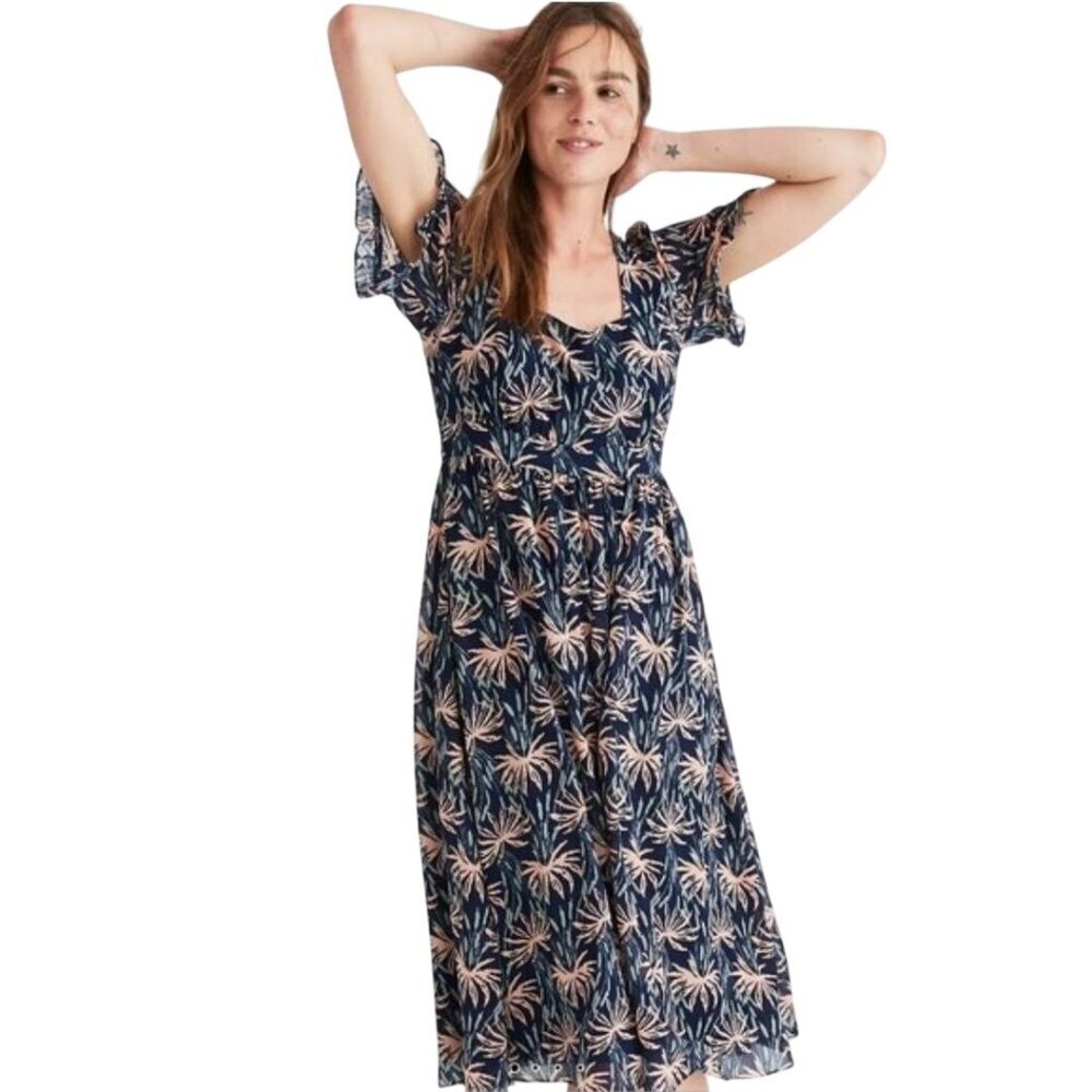 Madewell Ruffle Sleeve Midi Dress Oasis Palms Tie Back Size L
